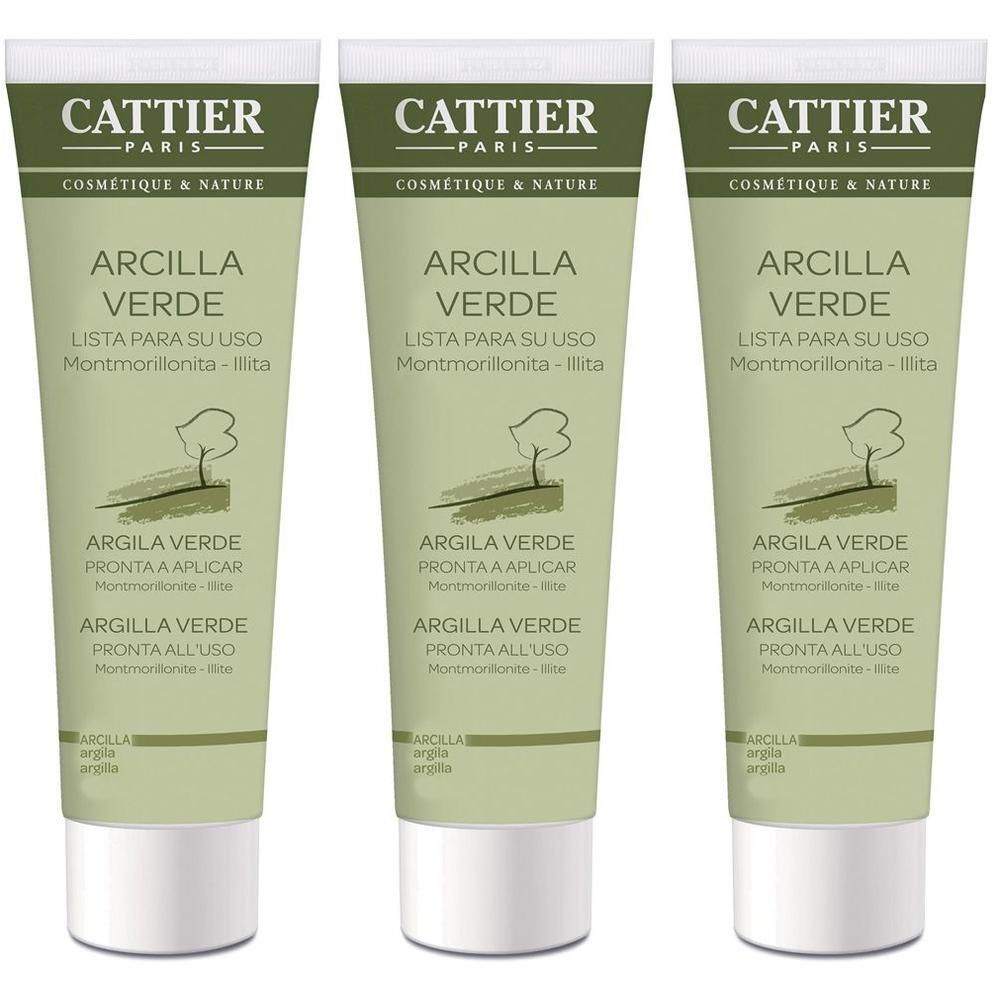 Tre tubi verdi Cattier Argilla Verde con tappo bianco. Testo in italiano e spagnolo.