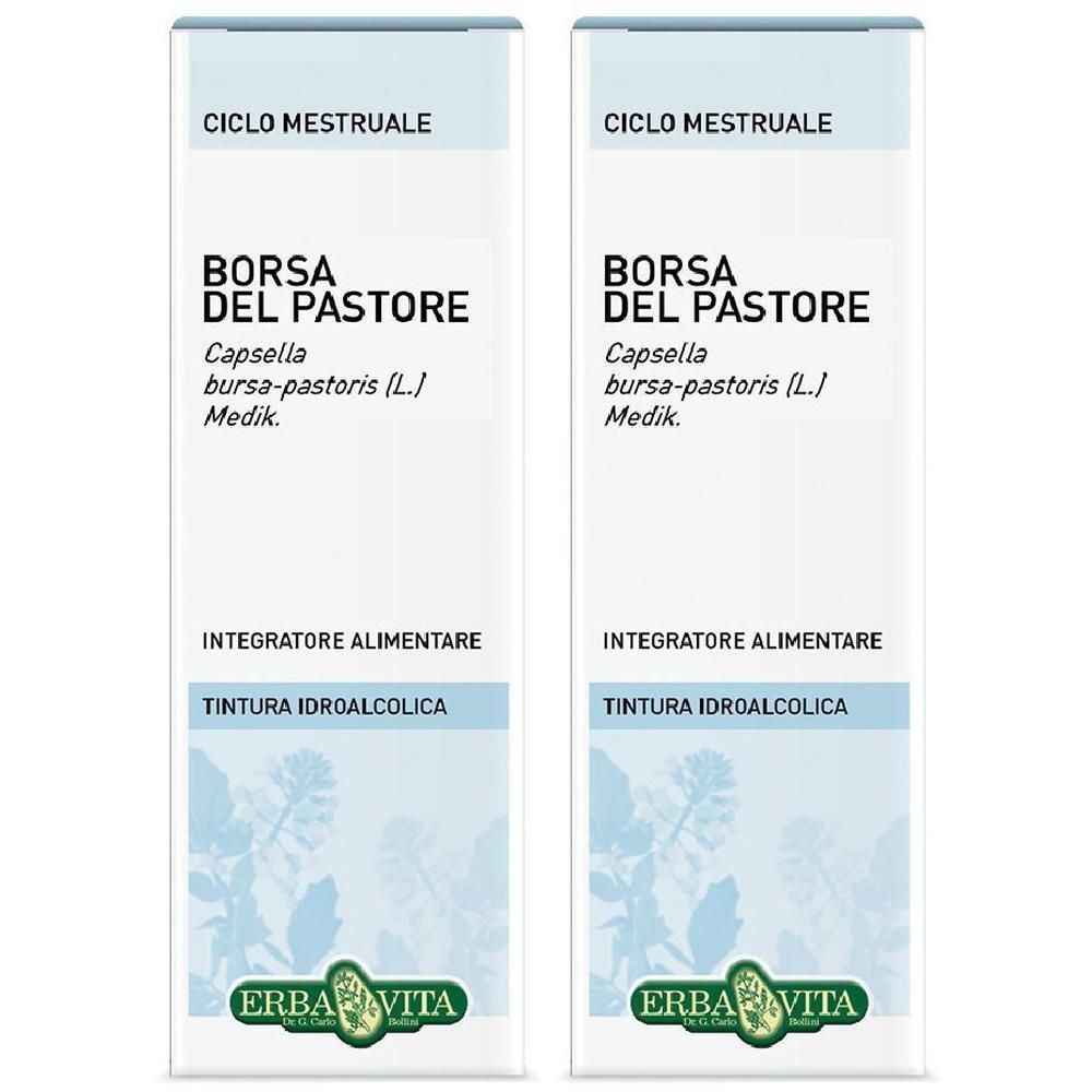 Due confezioni di tintura idroalcolica "Borsa del Pastore", marca Erba Vita, per ciclo mestruale.