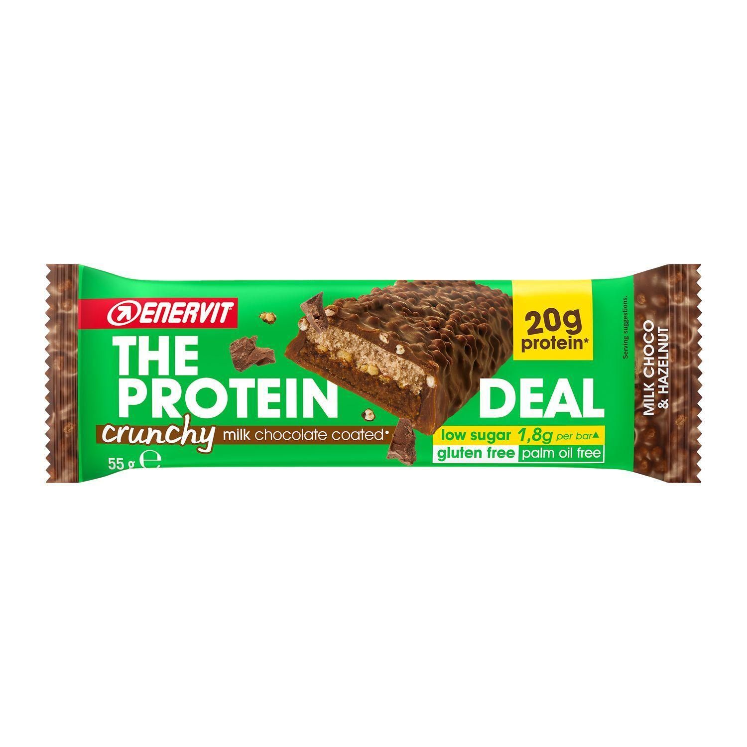 Barretta proteica Enervit Crunchy Hazelnut: cioccolato al latte, 20g proteine, senza glutine, senza olio di palma.