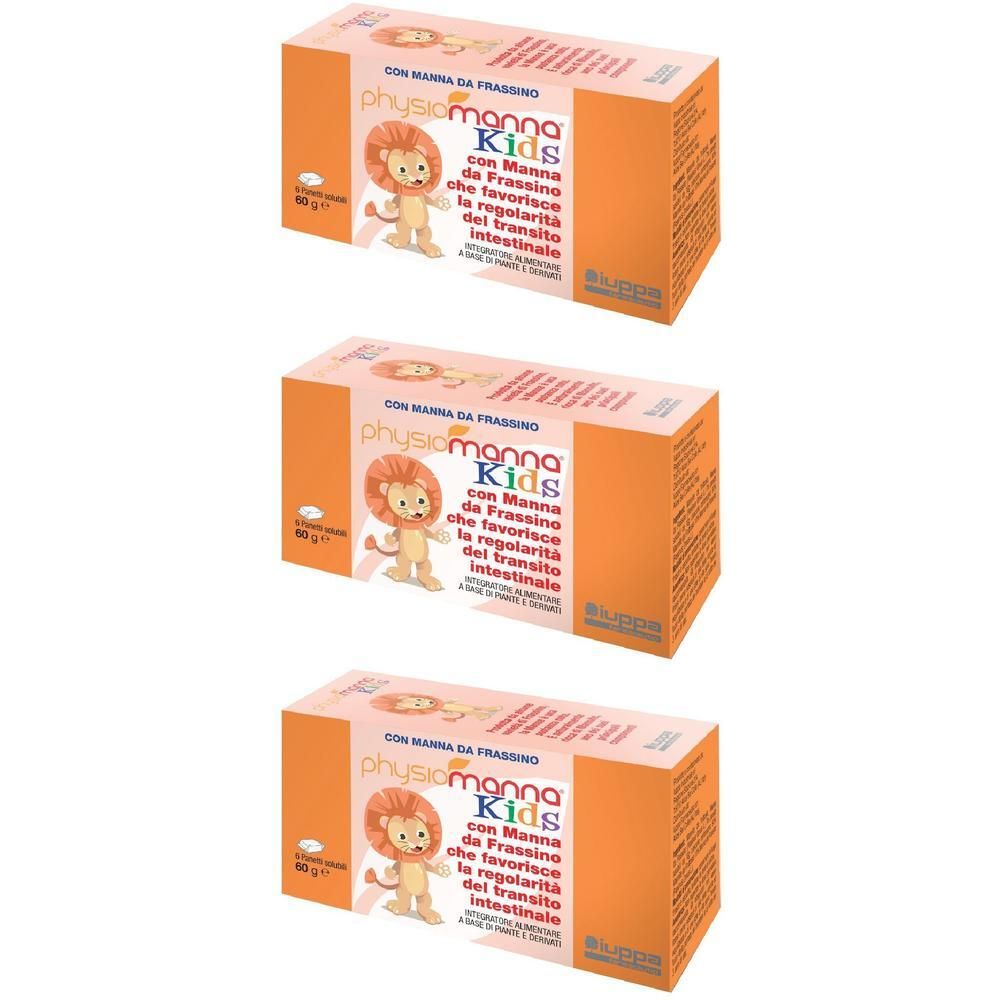 Tre confezioni PhysioManna Kids con leone, 6 bustine ciascuna, 60g.