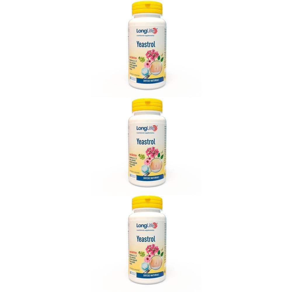 Tre flaconi LongLife Yeastrol con tappi gialli, compresse bianche.