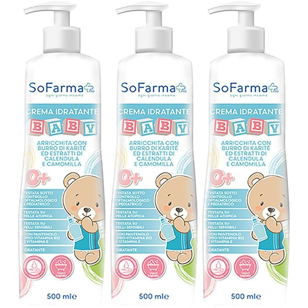Tre flaconi di crema idratante corpo Sofarmapiu' Baby con orsetto. 500 ml per flacone.