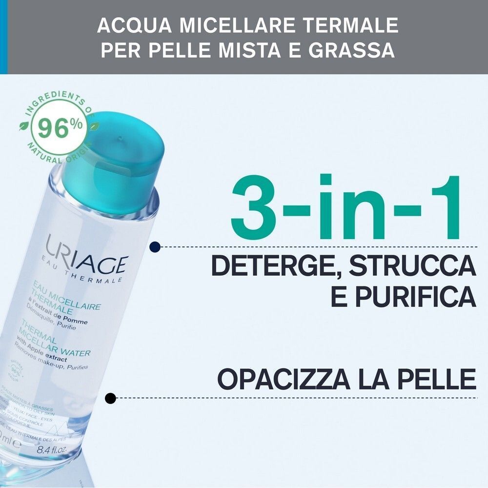 URIAGE Acqua micellare termale pelle mista, grassa, acneica, viso, deterge, strucca e purifica