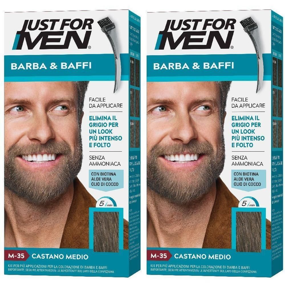 Due confezioni di tinta per barba e baffi "Just For Men", M-35 Castano Medio. Mostra un uomo con barba.