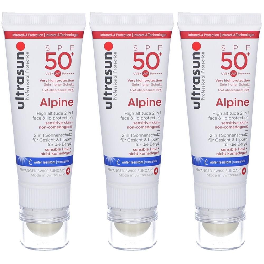 Tre tubetti di protezione solare Ultrasun Alpine SPF 50+ per viso e labbra con applicatore roll-on.
