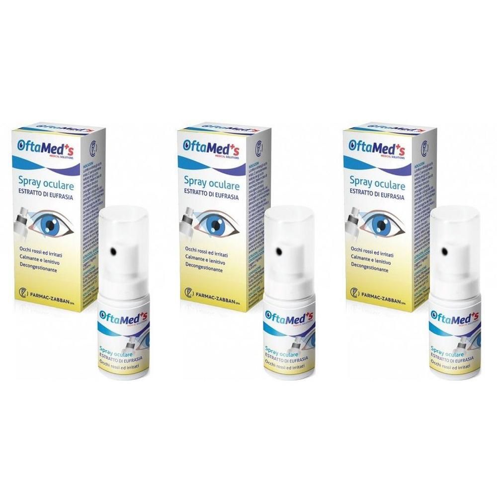 Tre confezioni di Spray Oculare Oftamed's con immagine di occhio e testo.