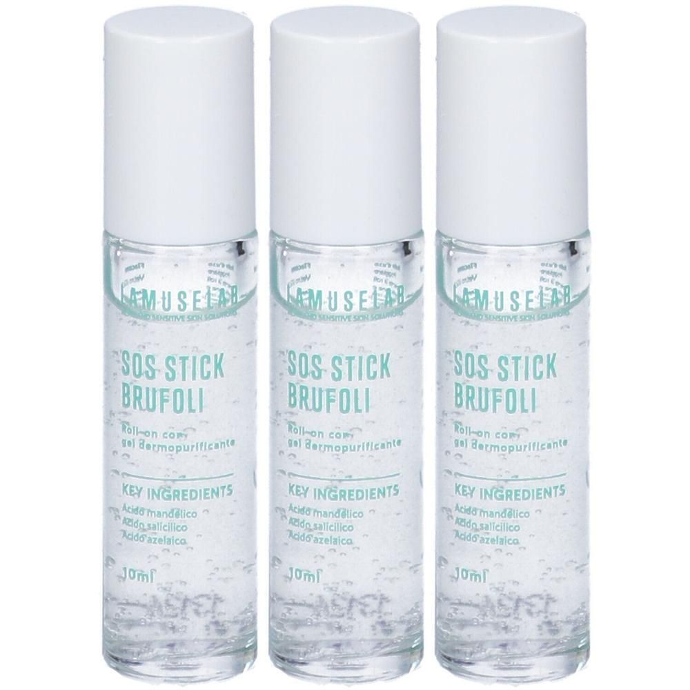 Tre flaconi di Roll-On Gel SOS Stick Brufoli con tappo bianco. Texture gel trasparente.