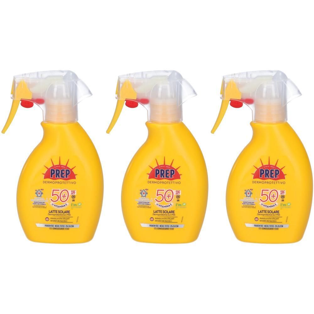 Tre flaconi spray gialli con protezione solare SPF 50+.