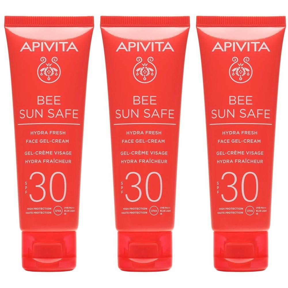 Tre tubetti rossi APIVITA Bee Sun Safe Hydra Fresh Face Gel-Cream SPF 30 affiancati.