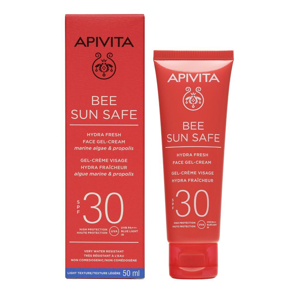 Crema-gel viso idratante APIVITA Bee Sun Safe SPF 30 e la sua confezione, 50 ml.