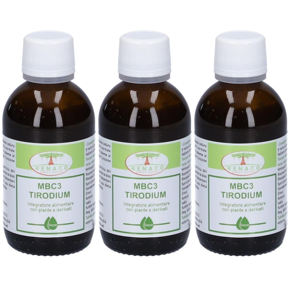 Tre flaconi in vetro ambrato con tappo bianco, contenenti liquido scuro. Etichette riportano 'MBC3 TIRODIUM'.