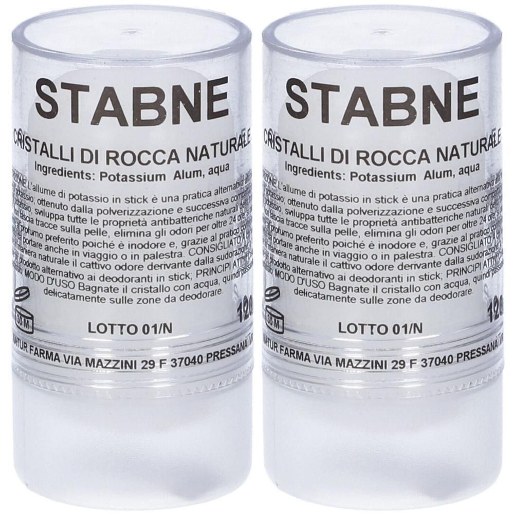 Due deodoranti in cristallo naturale in contenitori trasparenti. Etichetta: STABNE, CRISTALLI DI ROCCA NATURALE.