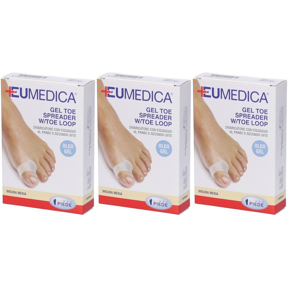 Tre confezioni di divaricatore per dita in gel Eumedica con anello di fissaggio al secondo dito. Separatore in gel trasparente.