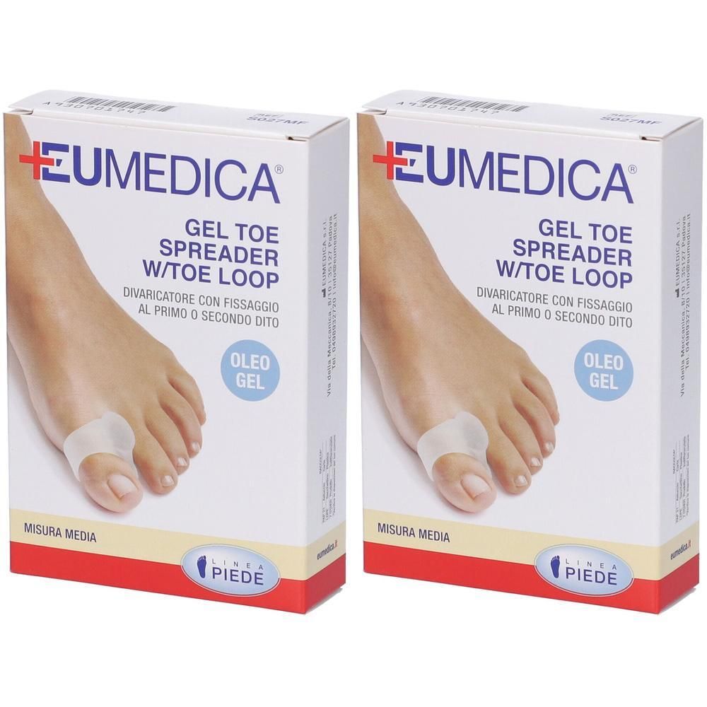 Due confezioni di divaricatore gel per dita Eumedica con fissaggio al secondo dito. Misura media.