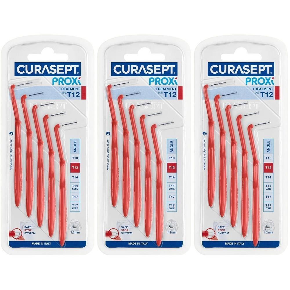 Tre confezioni di spazzolini interdentali Curasept Prox T12, rossi, con testina da 1,2 mm.