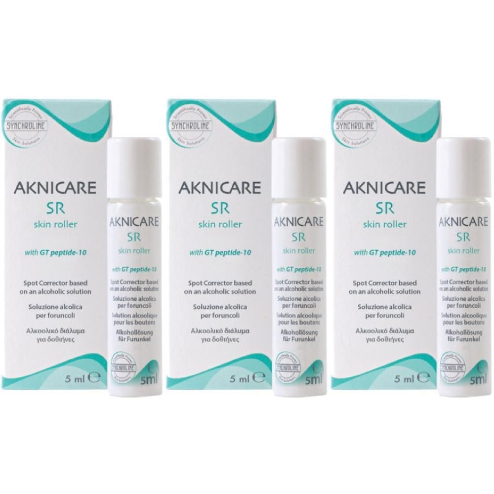 Tre Aknicare SR Skin Roller da 5 ml ciascuno in confezioni.