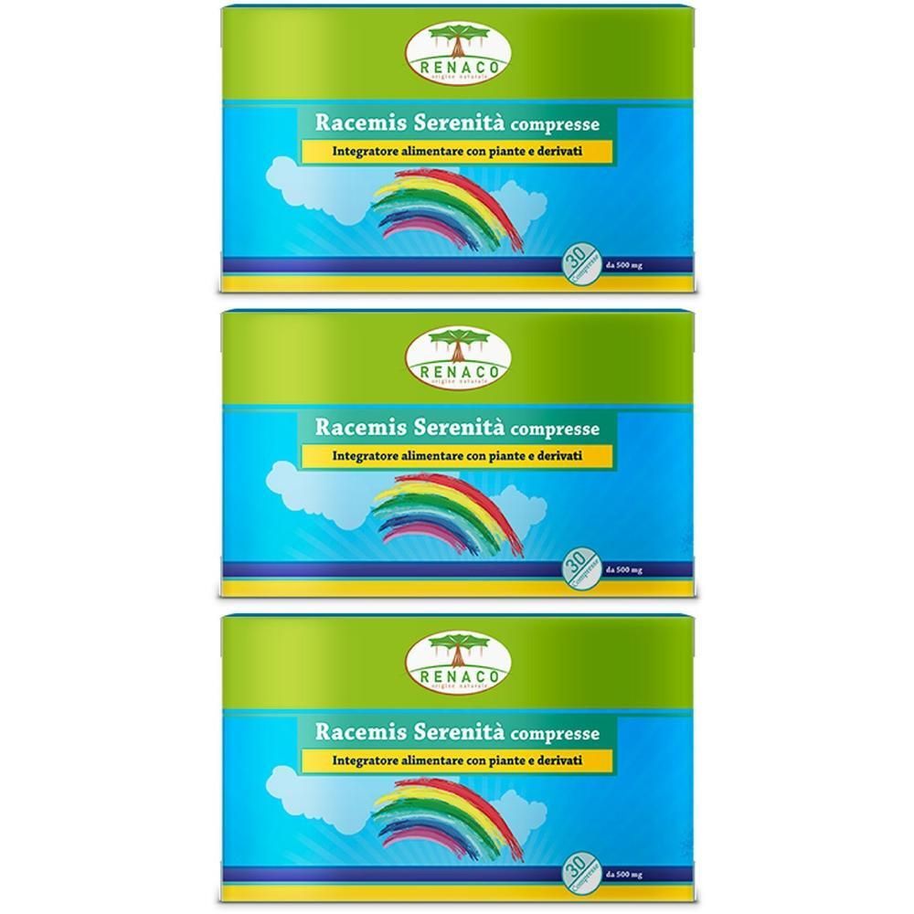 Tre confezioni di compresse Racemis Serenita con motivo arcobaleno e nuvole.