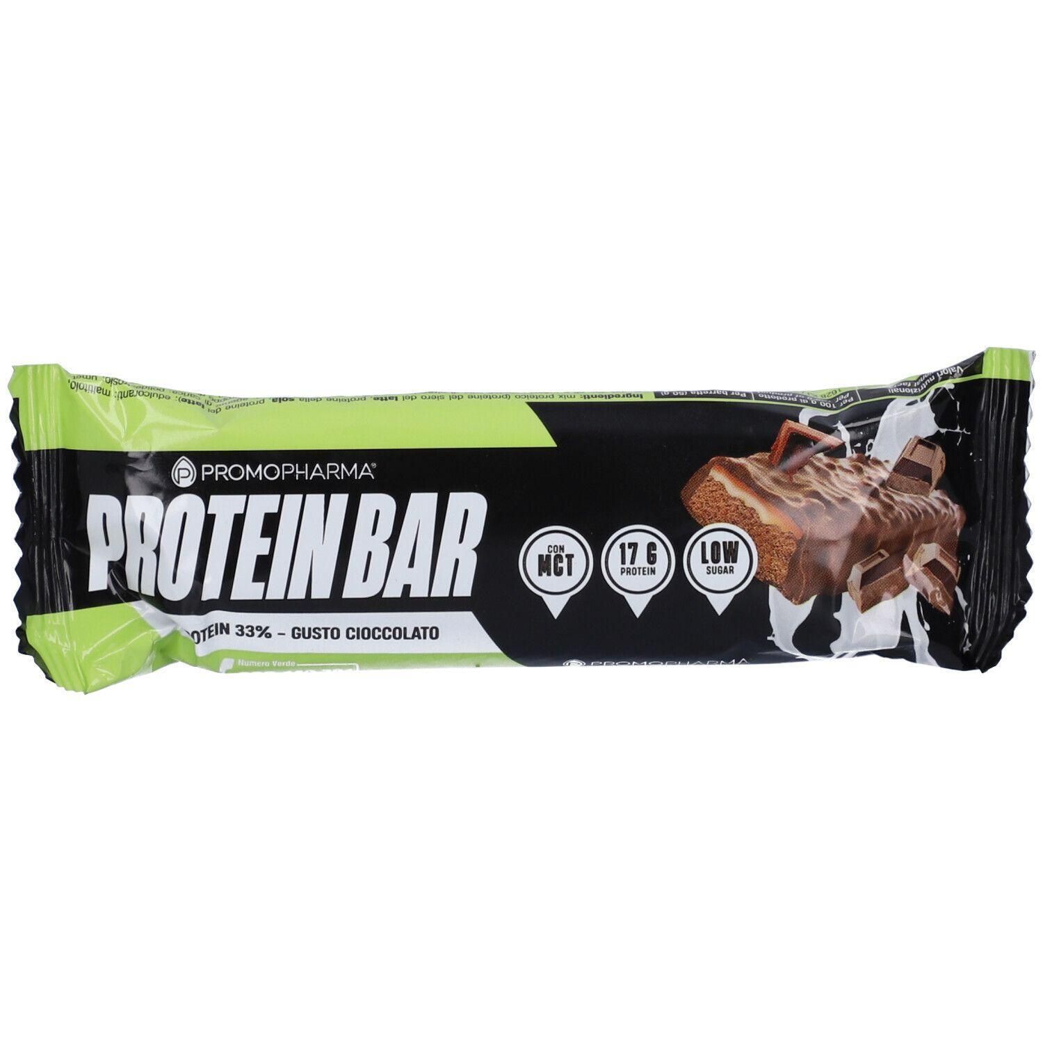 Barretta proteica PromoPharma 33% Cacao. Contiene MCT, 17,6g di proteine e pochi zuccheri.