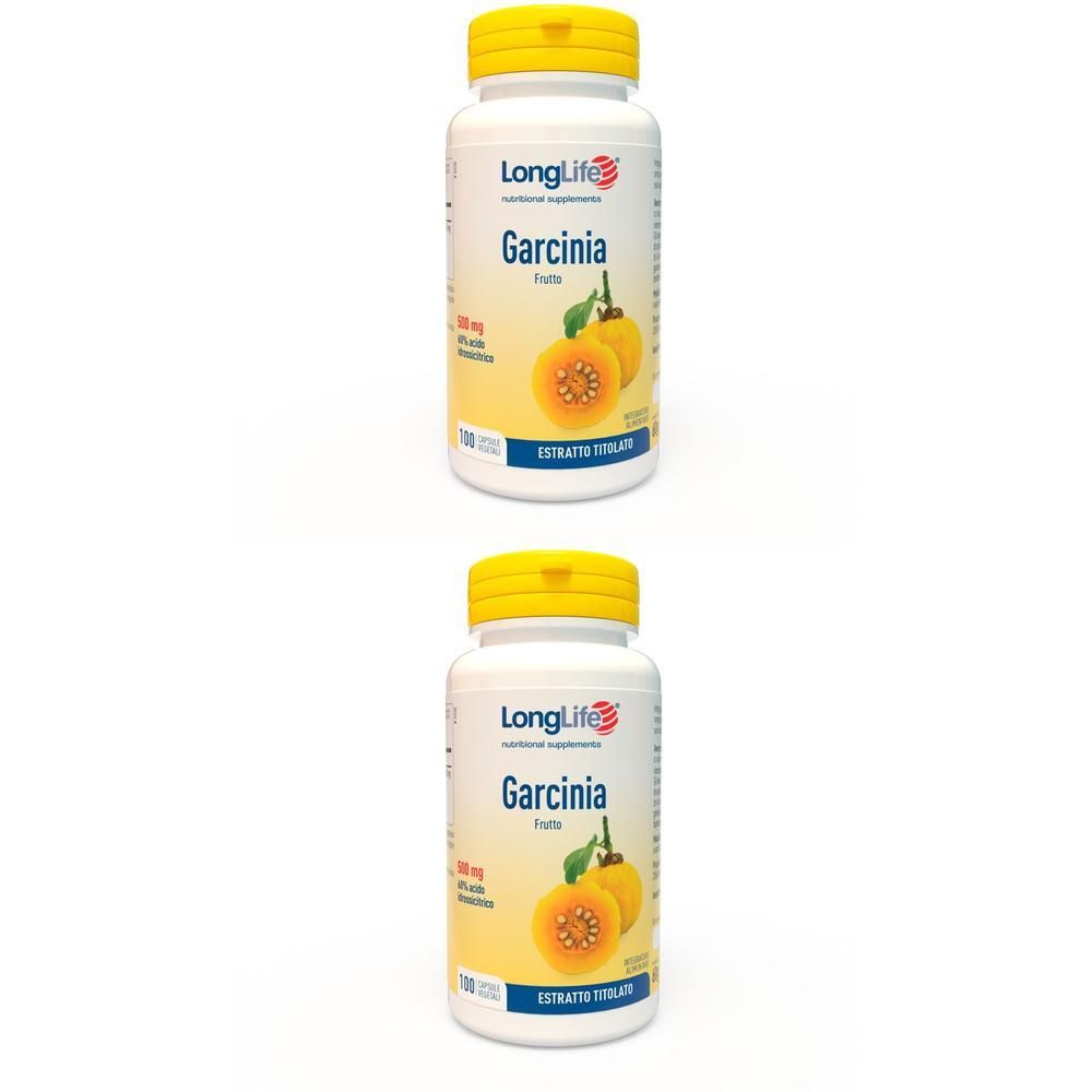 Due flaconi bianchi LongLife Garcinia con tappi gialli, isolati su sfondo bianco.