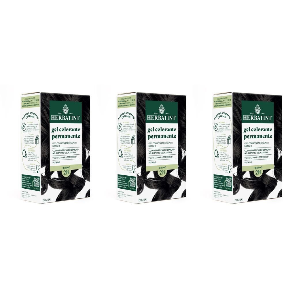 Tre confezioni di tintura per capelli permanente Herbatint, Gel colorante permanente, 2N Bruno.