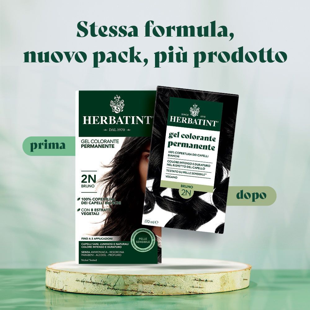 Tinta per capelli Herbatint, 2N Bruno. Due confezioni, una 'prima' e una 'dopo'.