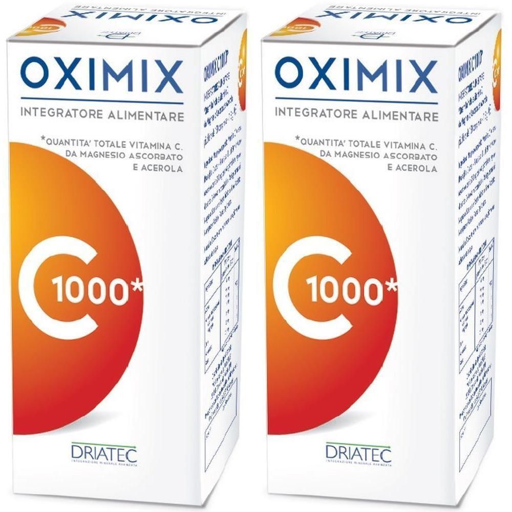 Due confezioni di Oximix C 1000+ integratore alimentare con Vitamina C. Scatole bianche con cerchio arancione e 'C 1000*'.