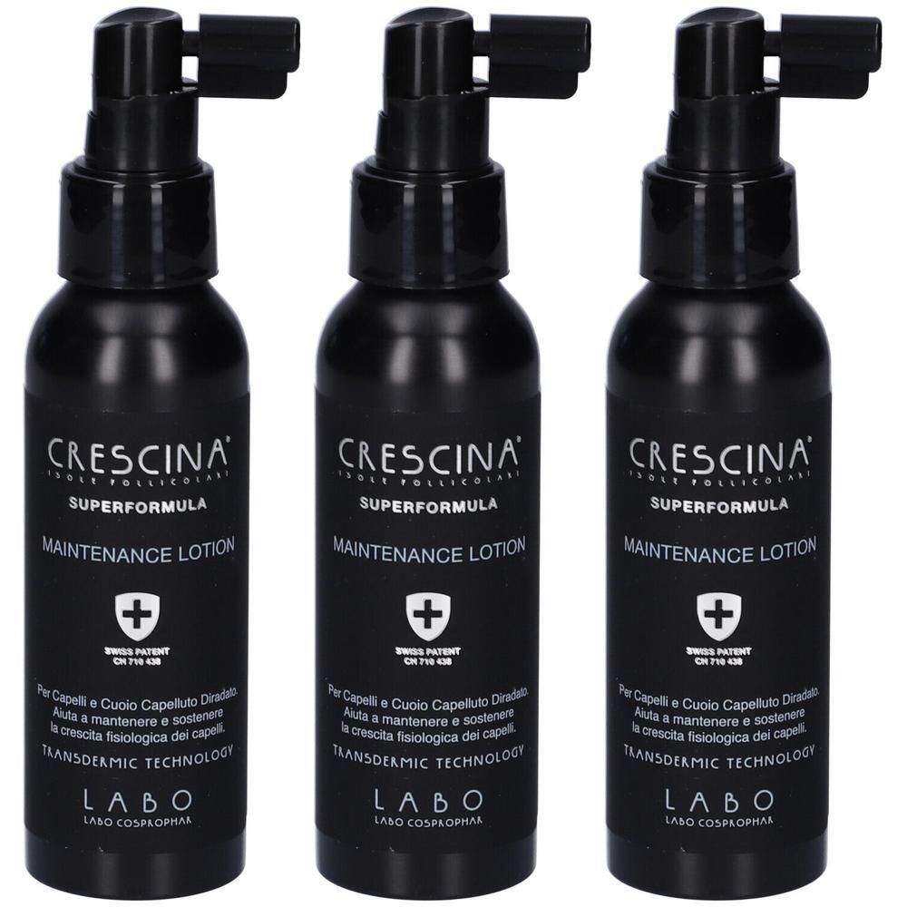 Tre flaconi neri di Crescina Superformula Maintenance Lotion con applicatore.