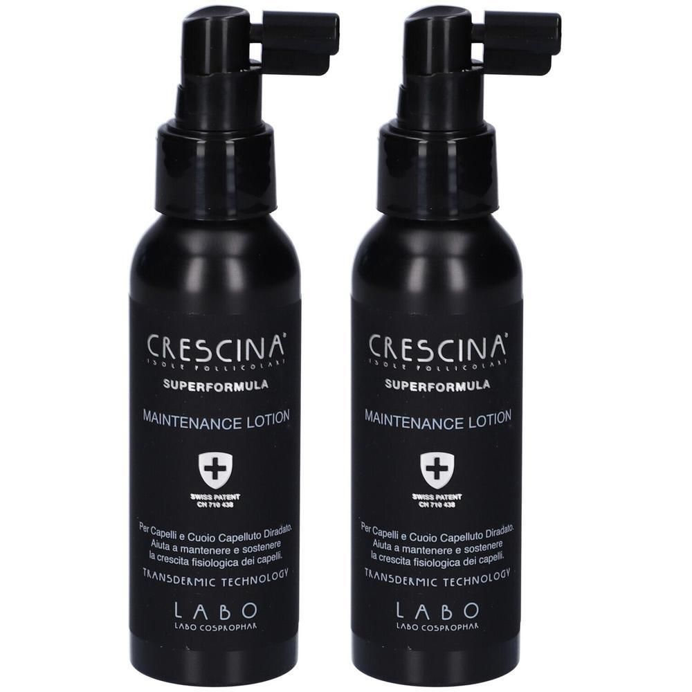Due flaconi neri di Crescina Superformula Maintenance Lotion con applicatore.