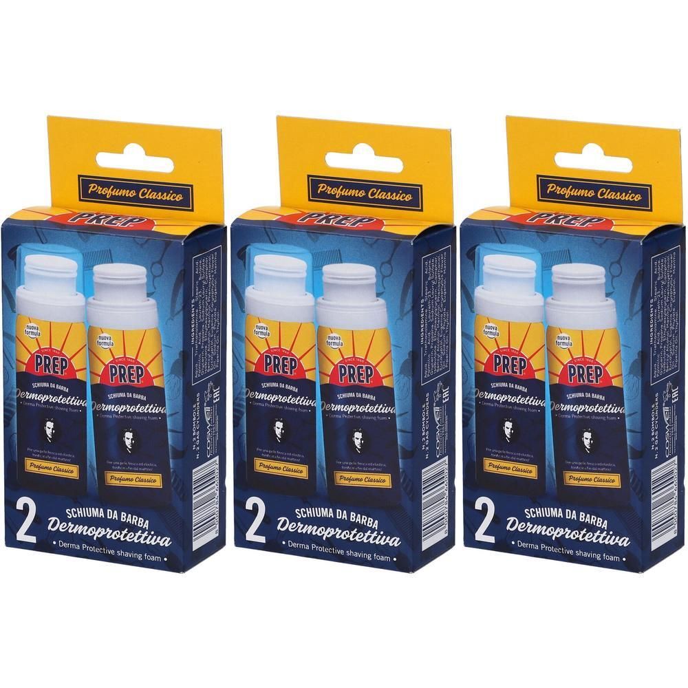 Tre confezioni di Prep Schiuma da Barba, ciascuna con due flaconi da 50ml. Profumo Classico.