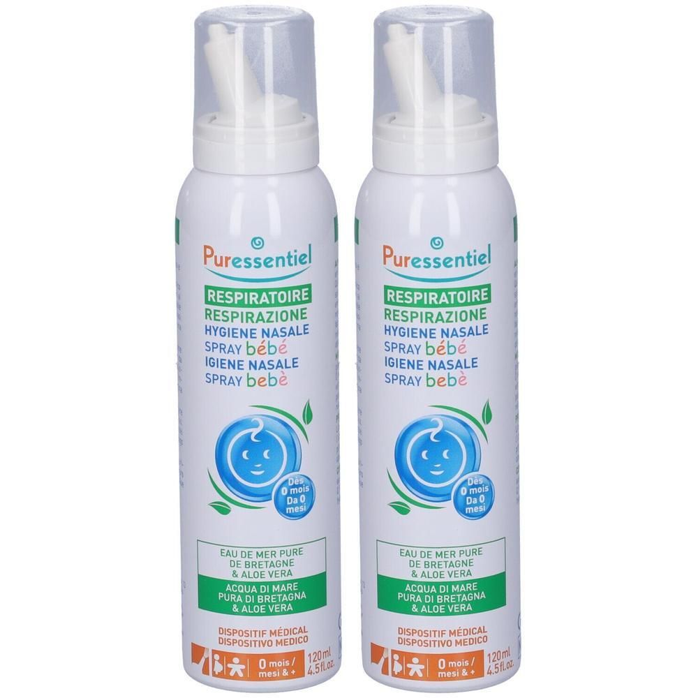 Due flaconi Puressentiel spray bébé per igiene nasale con aloe vera.