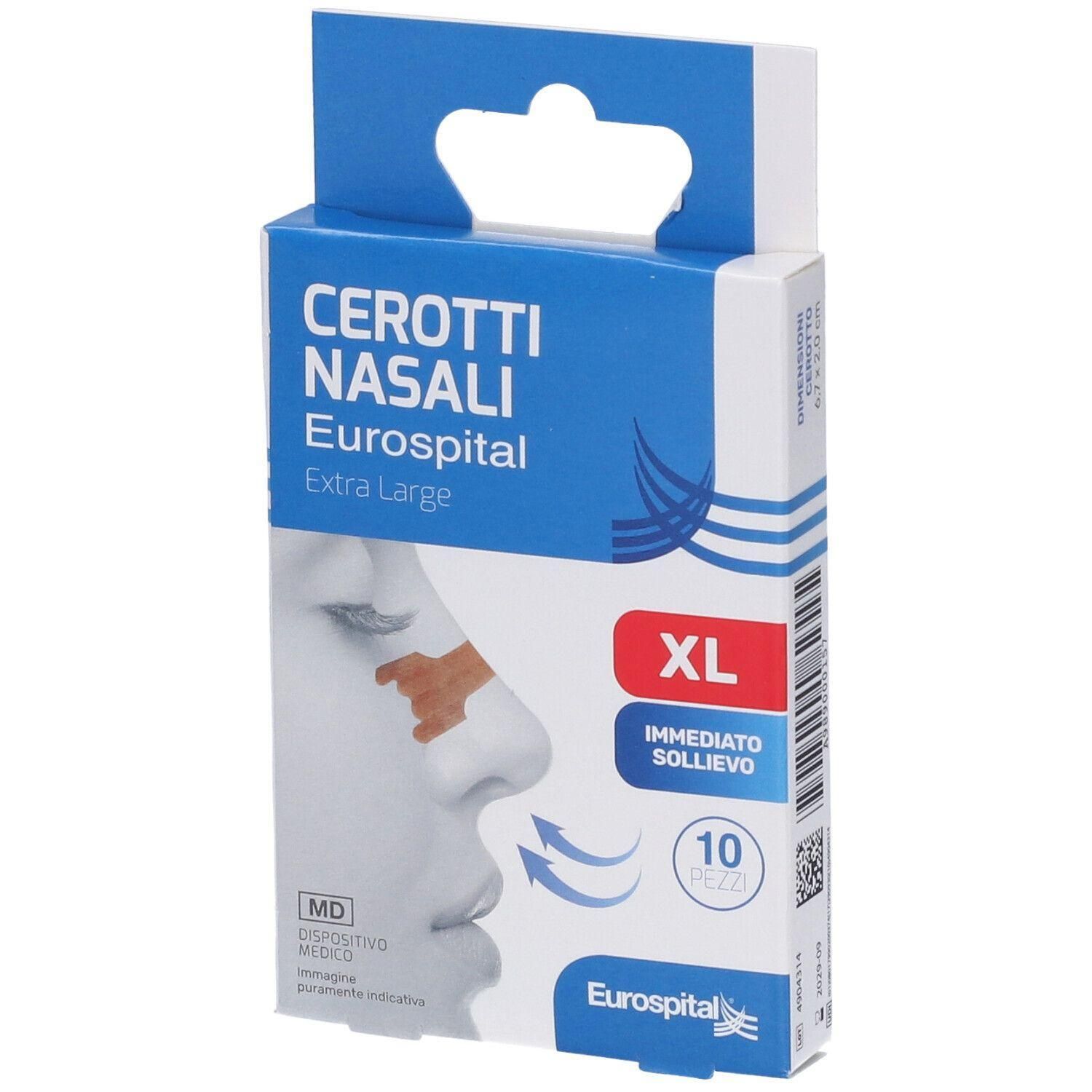 Cerotti nasali Eurospital XL, 10 pezzi. Confezione in cartone con immagine di un naso.