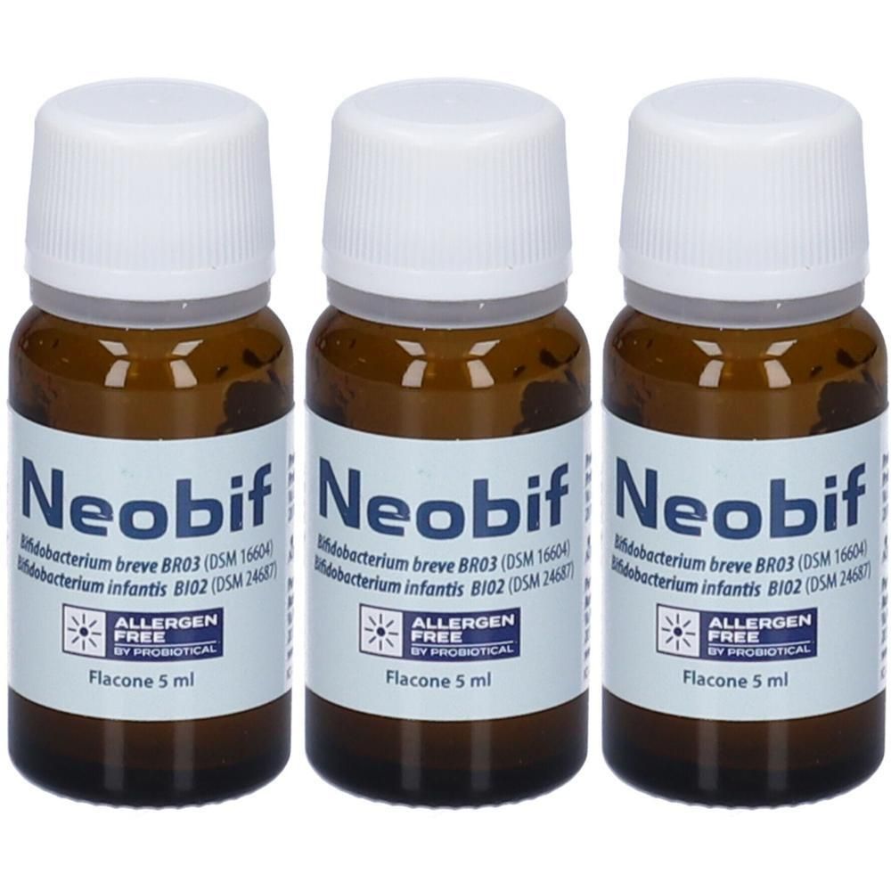 Tre flaconcini in vetro marrone con tappi bianchi, da 5 ml ciascuno, etichettati Neobif.