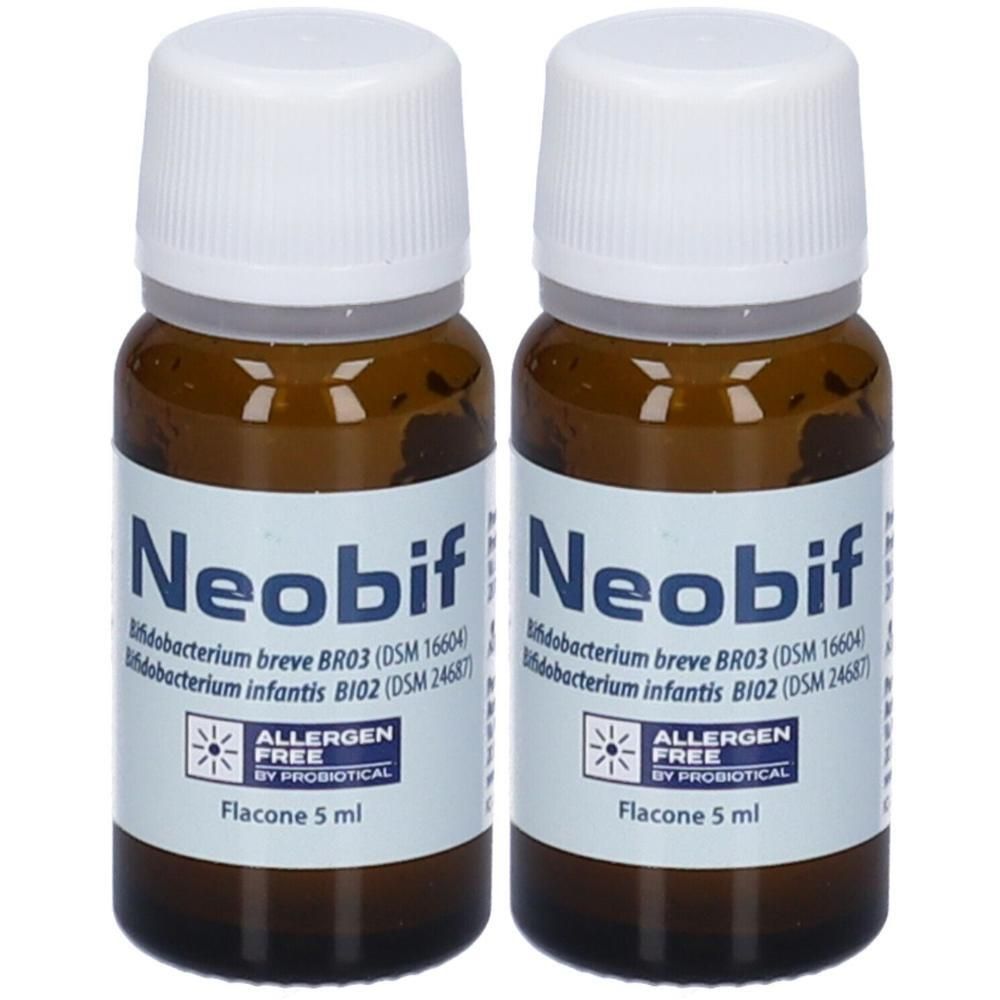 Due flaconcini in vetro ambrato con tappi bianchi, etichettati "Neobif", "Allergen Free" e "Flacone 5 ml".