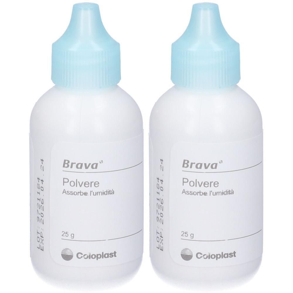 Due flaconi bianchi di polvere Brava con tappo blu. Ogni flacone contiene 25 g.