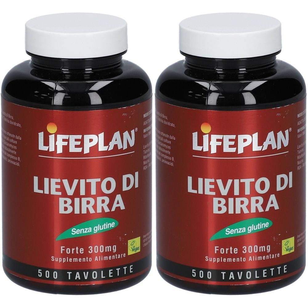Due flaconi di LIFEPLAN Lievito di Birra, 500 tavolette per flacone.