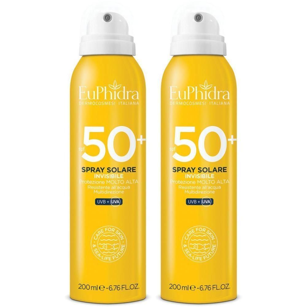 Due flaconi spray gialli con protezione solare SPF 50+ di Euphidra.
