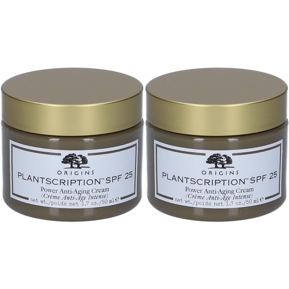 Due barattoli di Origins Plantscription™ Power Anti-Aging Cream SPF 25 con tappi dorati.