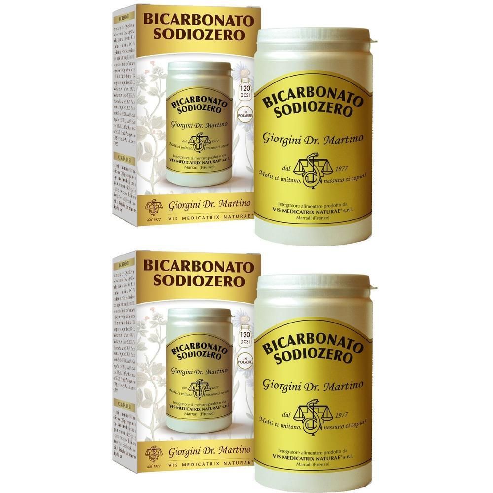 Due confezioni e barattoli di Bicarbonato Sodiozero di Giorgini Dr. Martino.