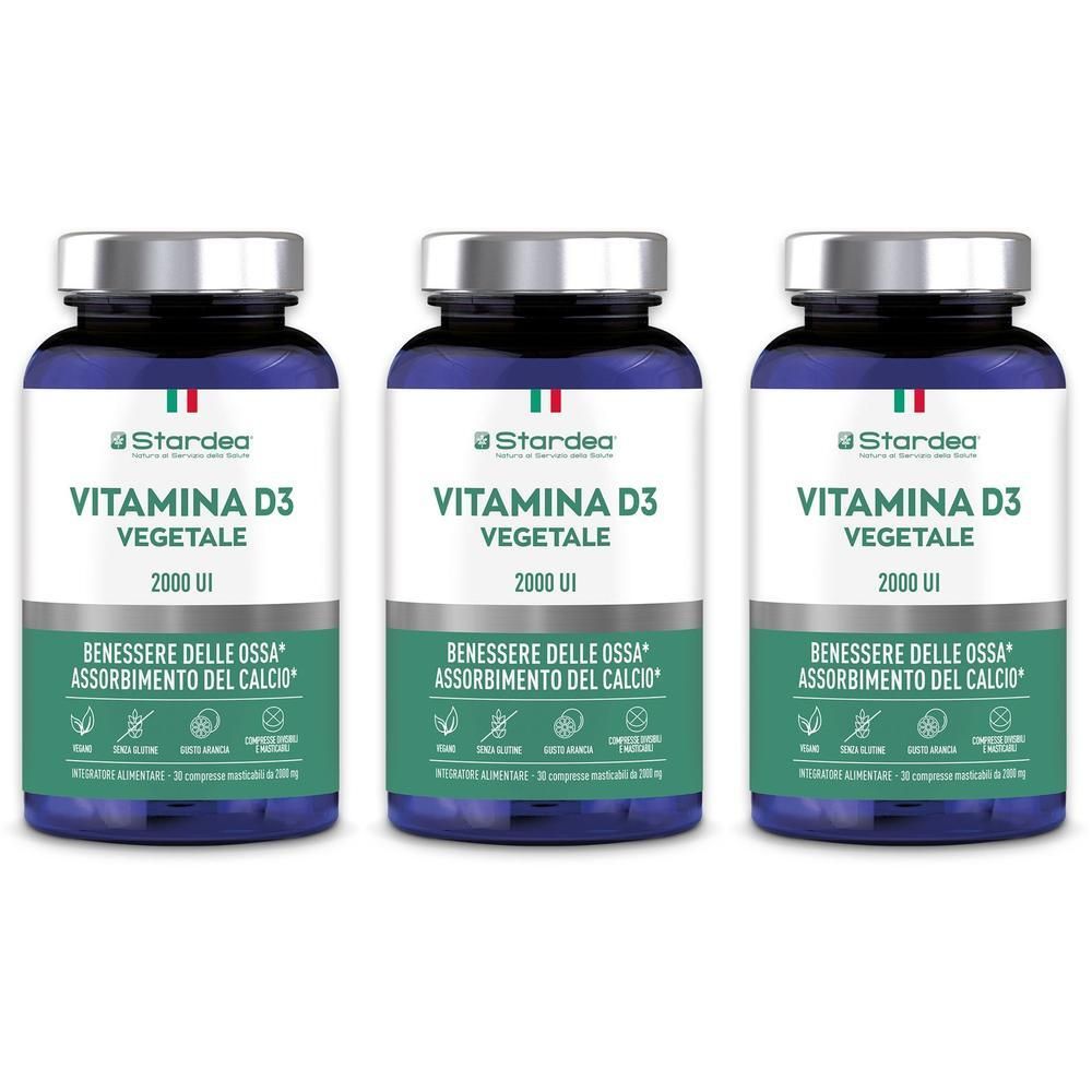 Tre flaconi di Stardea Vitamina D3 Vegetale 2000 UI, integratore alimentare.