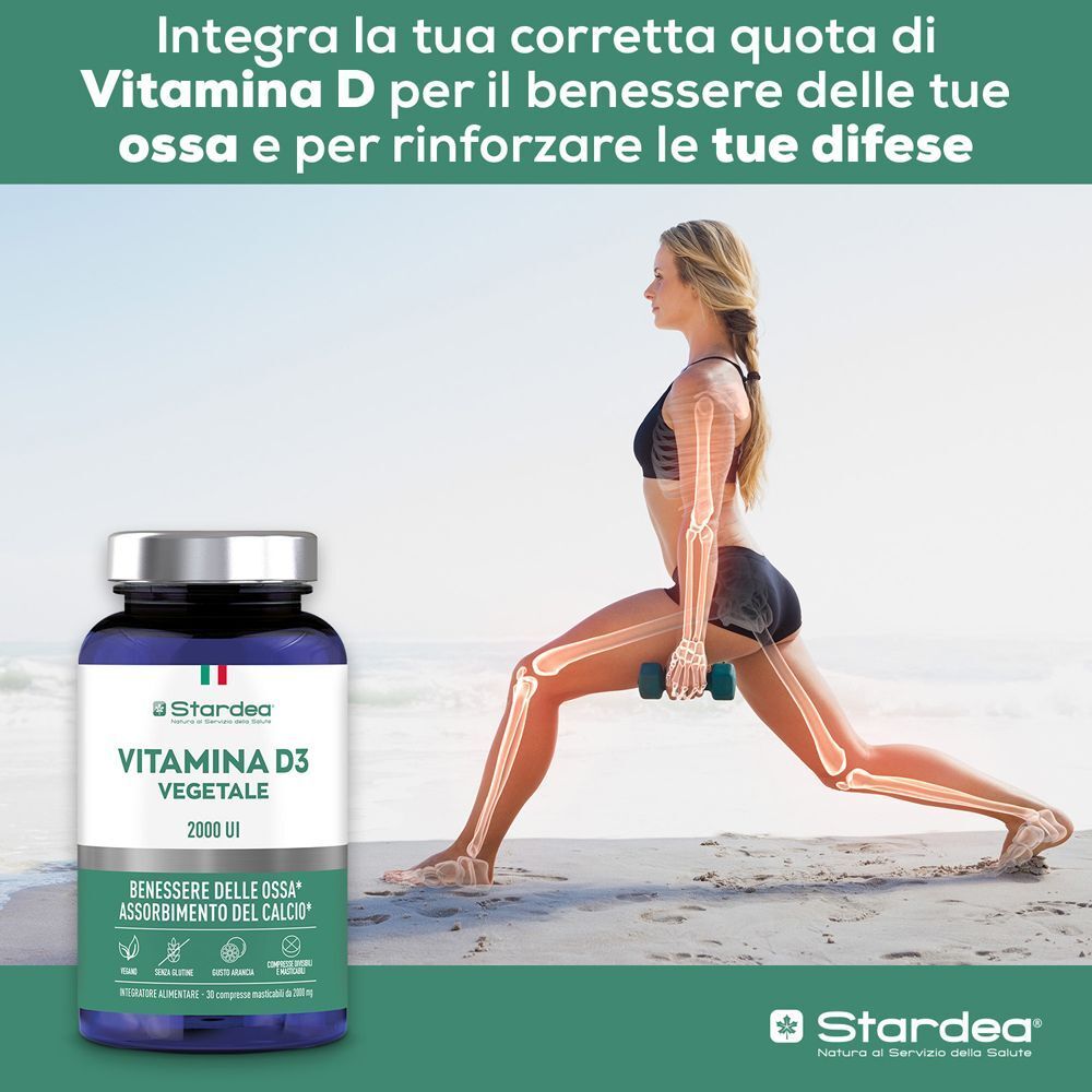 Donna che fa sport con flacone Stardea Vitamina D3 Vegetale 2000 UI, per ossa e difese immunitarie.