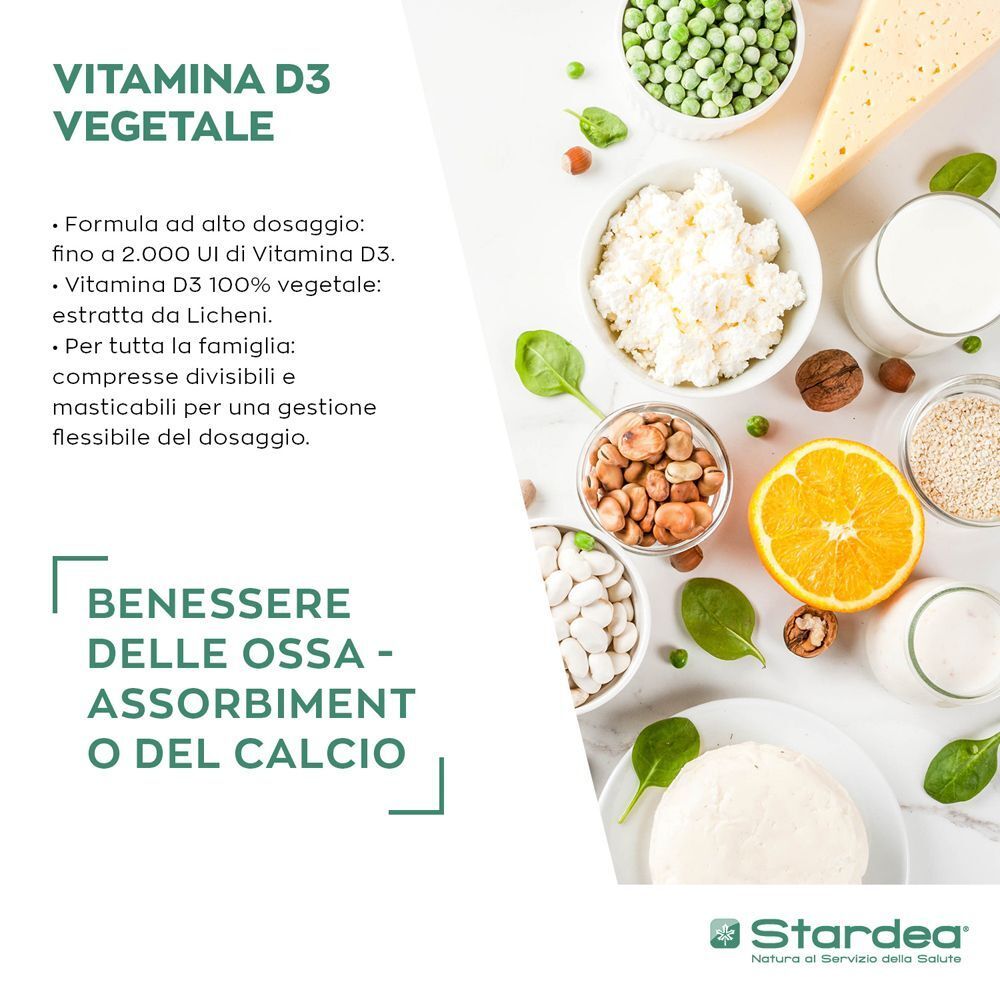 Ingredienti e benefici di Stardea Vitamina D3 Vegetale 2000 UI: benessere ossa, assorbimento calcio.