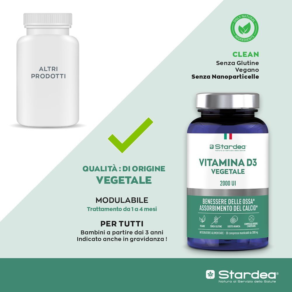 Flacone Stardea Vitamina D3 Vegetale 2000 UI accanto a un contenitore vuoto, con sigilli qualità vegetale.
