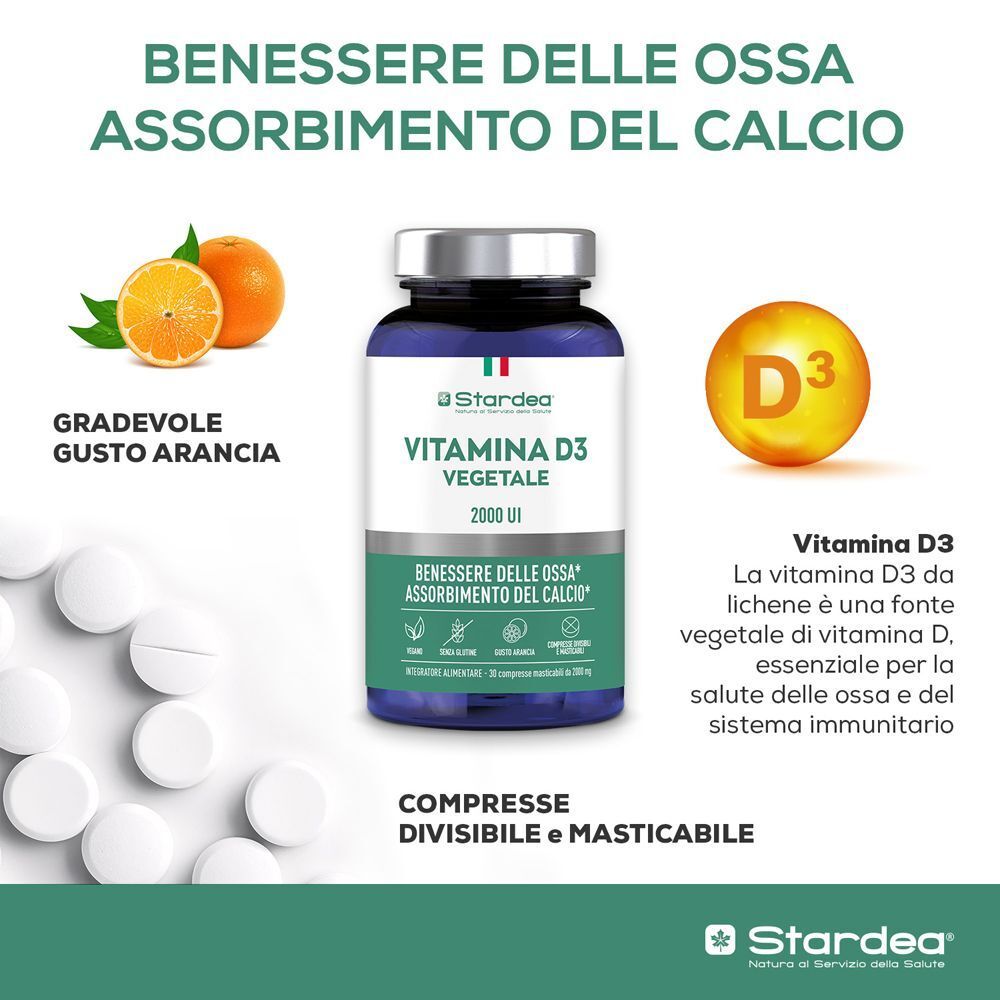 Flacone Stardea Vitamina D3 Vegetale 2000 UI con simbolo arancia e compresse, per ossa e sistema immunitario.