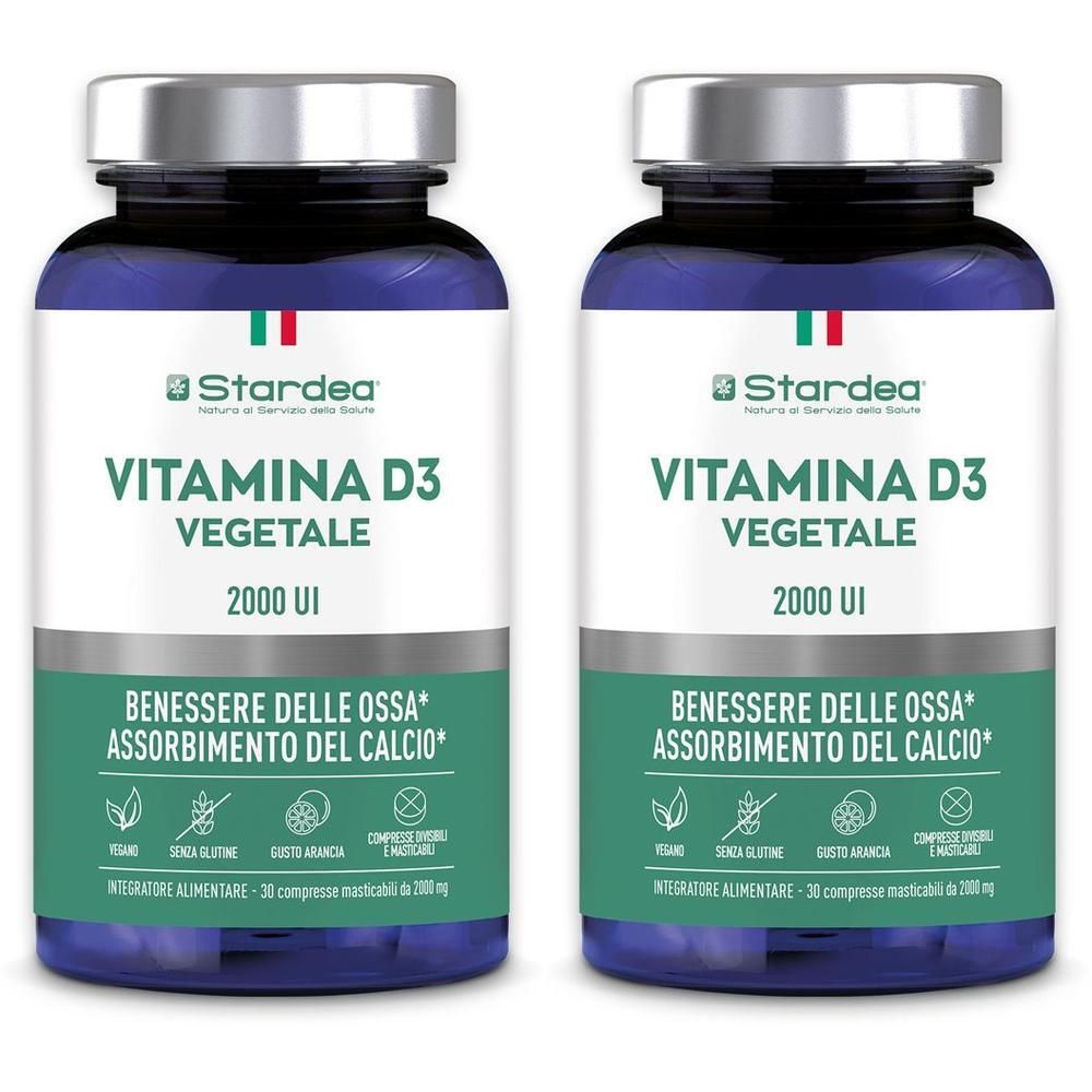 Due flaconi di Stardea Vitamina D3 Vegetale 2000 UI, compresse masticabili.