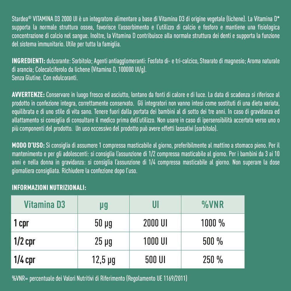 Retro di un flacone di Stardea Vitamina D3 Vegetale con informazioni nutrizionali e ingredienti.
