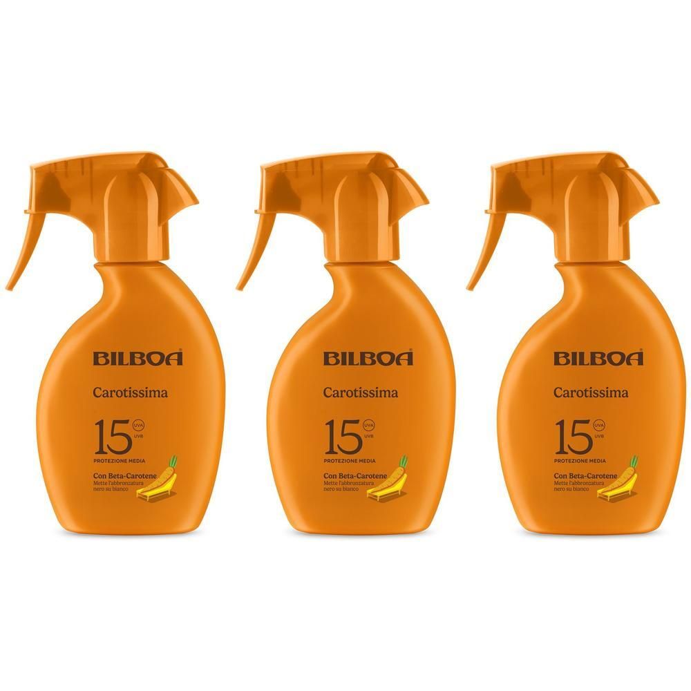Tre flaconi spray arancioni Bilboa Carotissima SPF 15 con beta-carotene.
