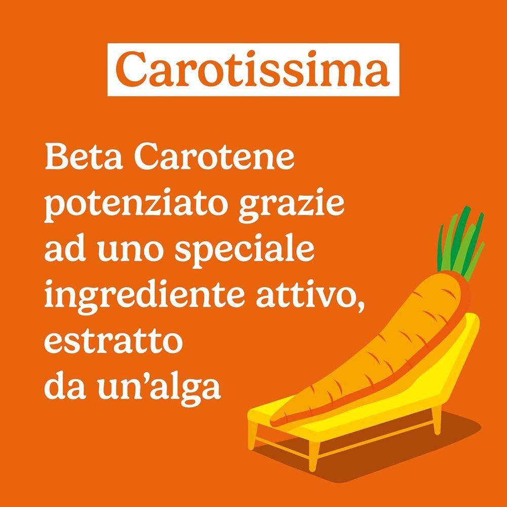 Bilboa Carotissima: Beta-Carotene potenziato da un ingrediente attivo da alga, con carota su lettino.