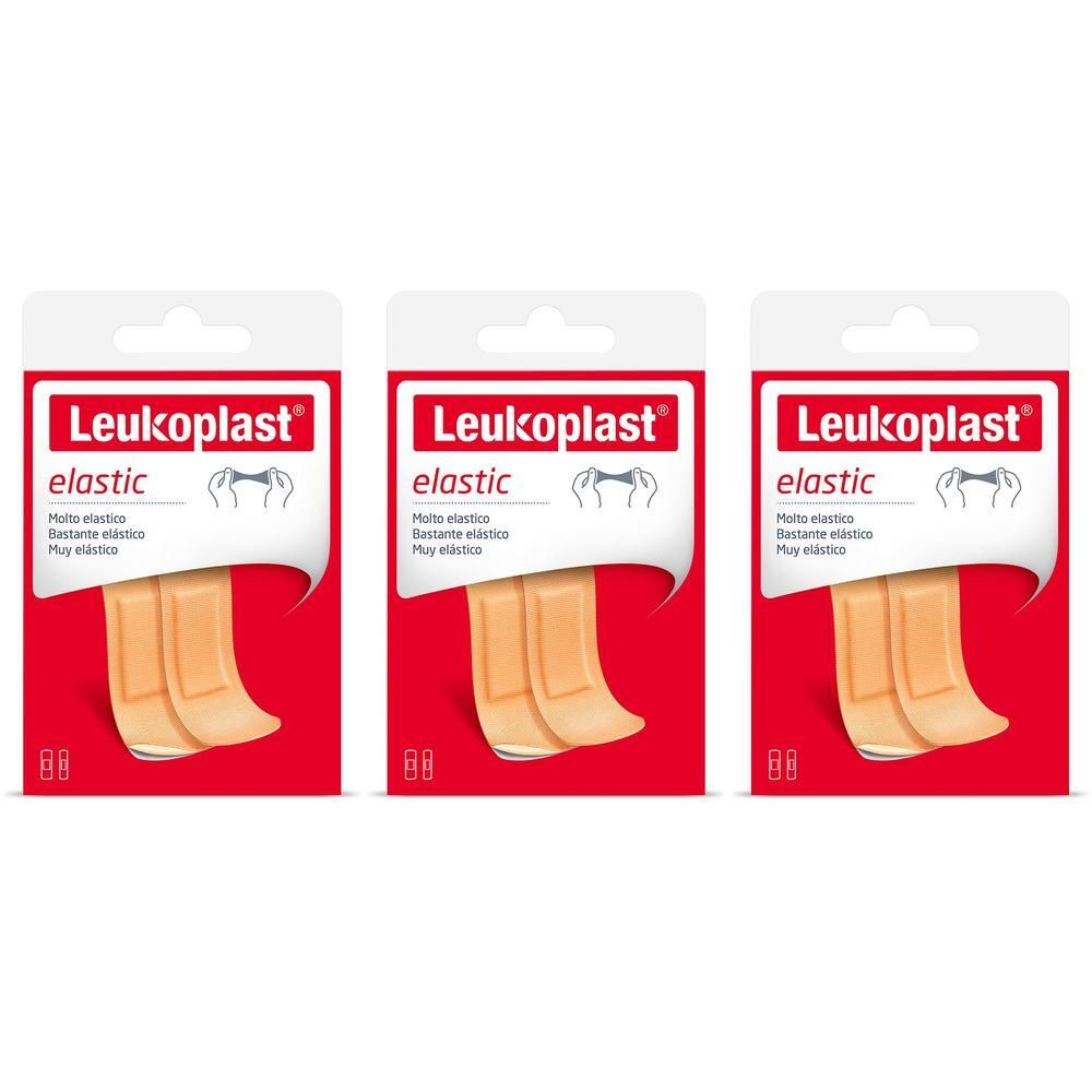 Tre confezioni di cerotti Leukoplast Elastic in rosso.
