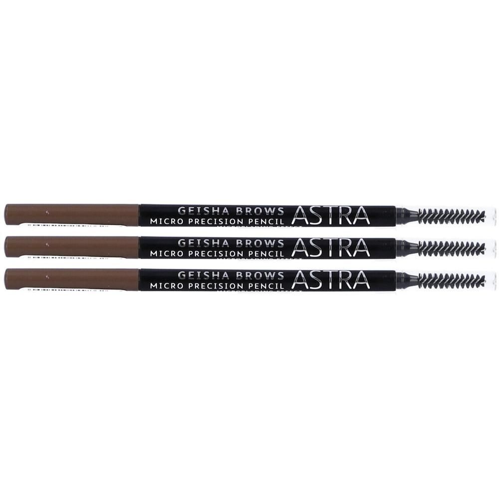 Tre matite per sopracciglia marroni con spazzolino. Scritta: GEISHA BROWS MICRO PRECISION PENCIL ASTRA.