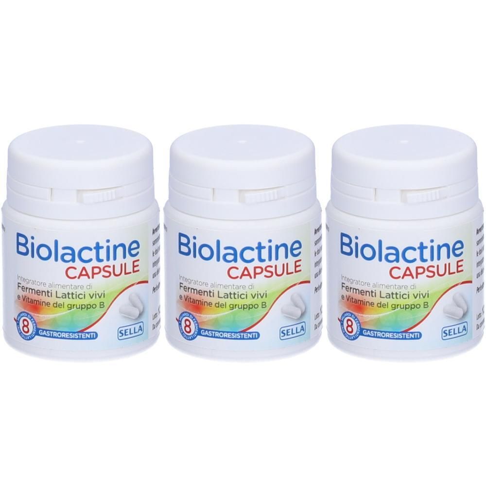 Tre contenitori bianchi di capsule Biolactine. Ogni flacone ha un tappo bianco e un'etichetta con le informazioni del prodotto.